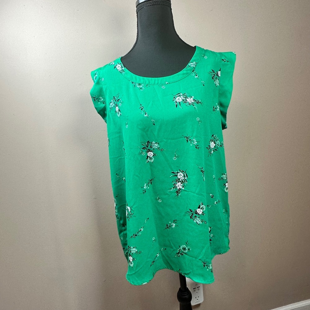 Pleione Women's Green Floral Print Ruffle Sleeveless Blouse‎ Top Size S